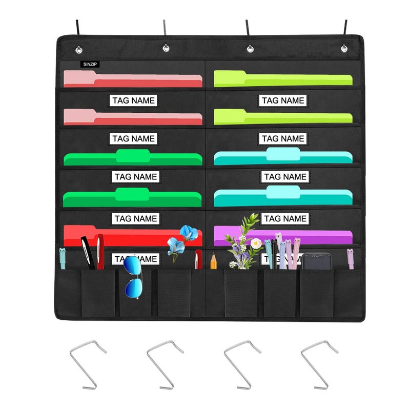 Sinzip Heavy Duty 10 Pocket Door Hanging File Organizer with Name Tag Holders, Black Wall Storage Pocket Charts with 4 Hangers, Great for Classroom, School, Home or Office Use (10 Nametag Pocket) - Image 1